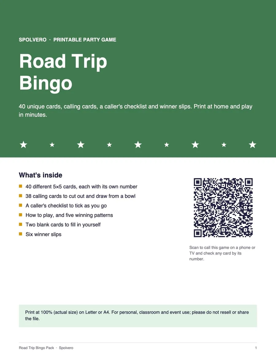 Cover of the Road Trip Bingo pack