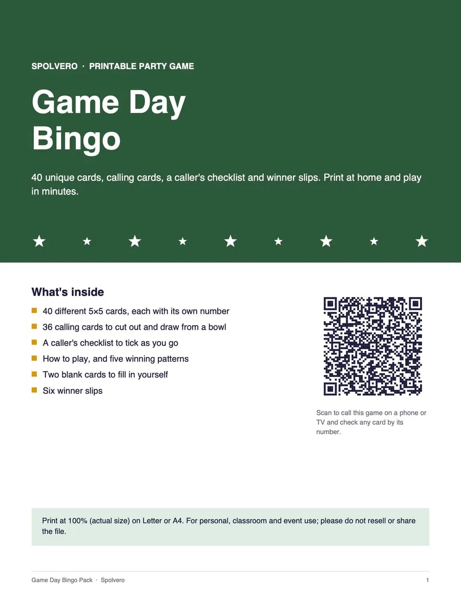 Cover of the Game Day Bingo pack