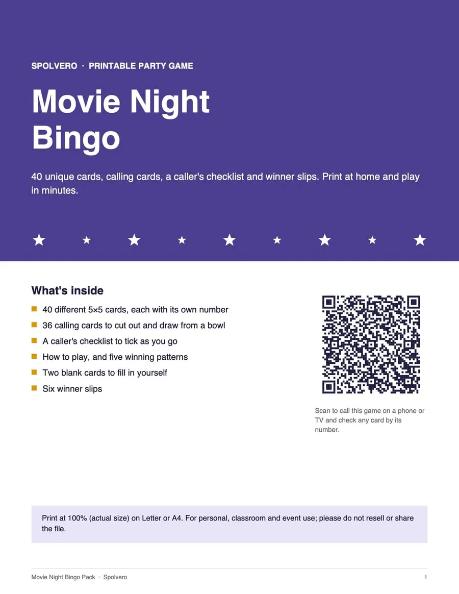 Cover of the Movie Night Bingo pack
