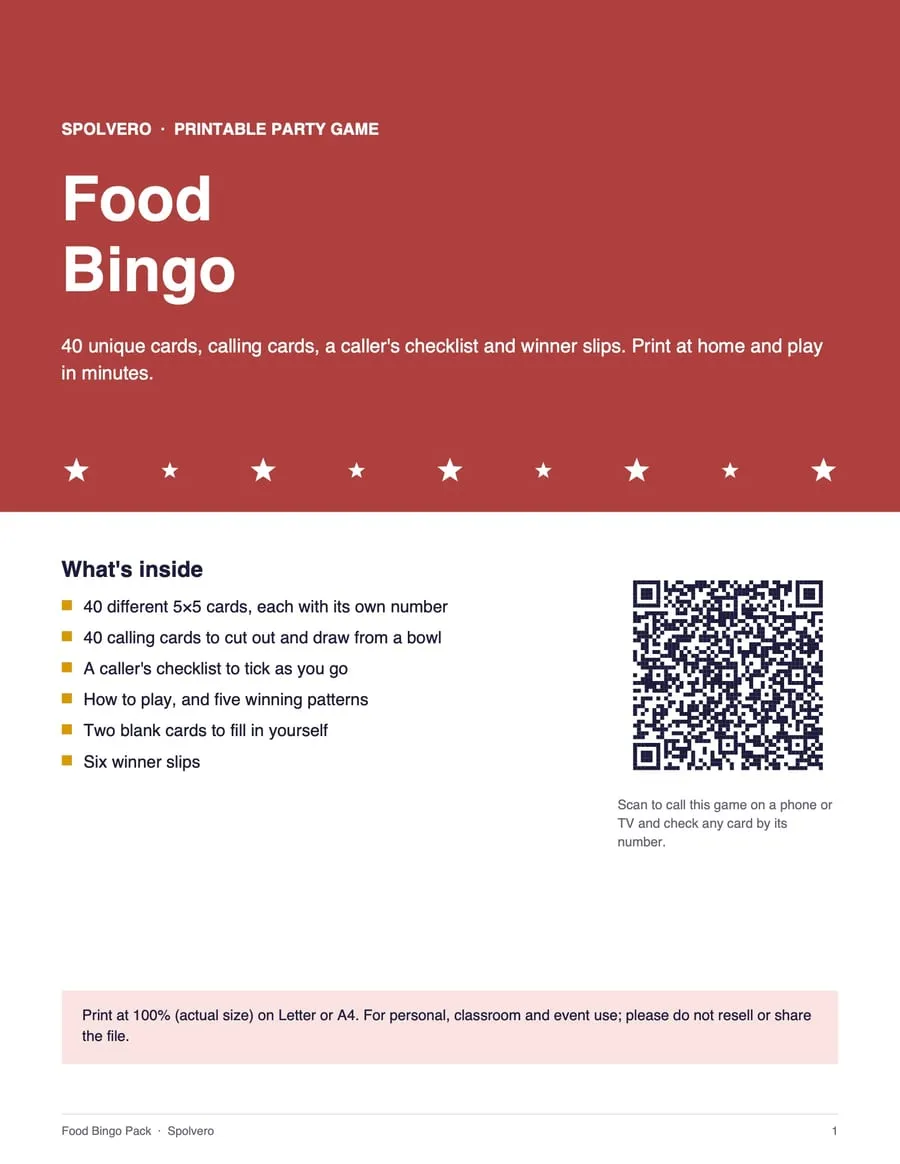 Cover of the Food Bingo pack