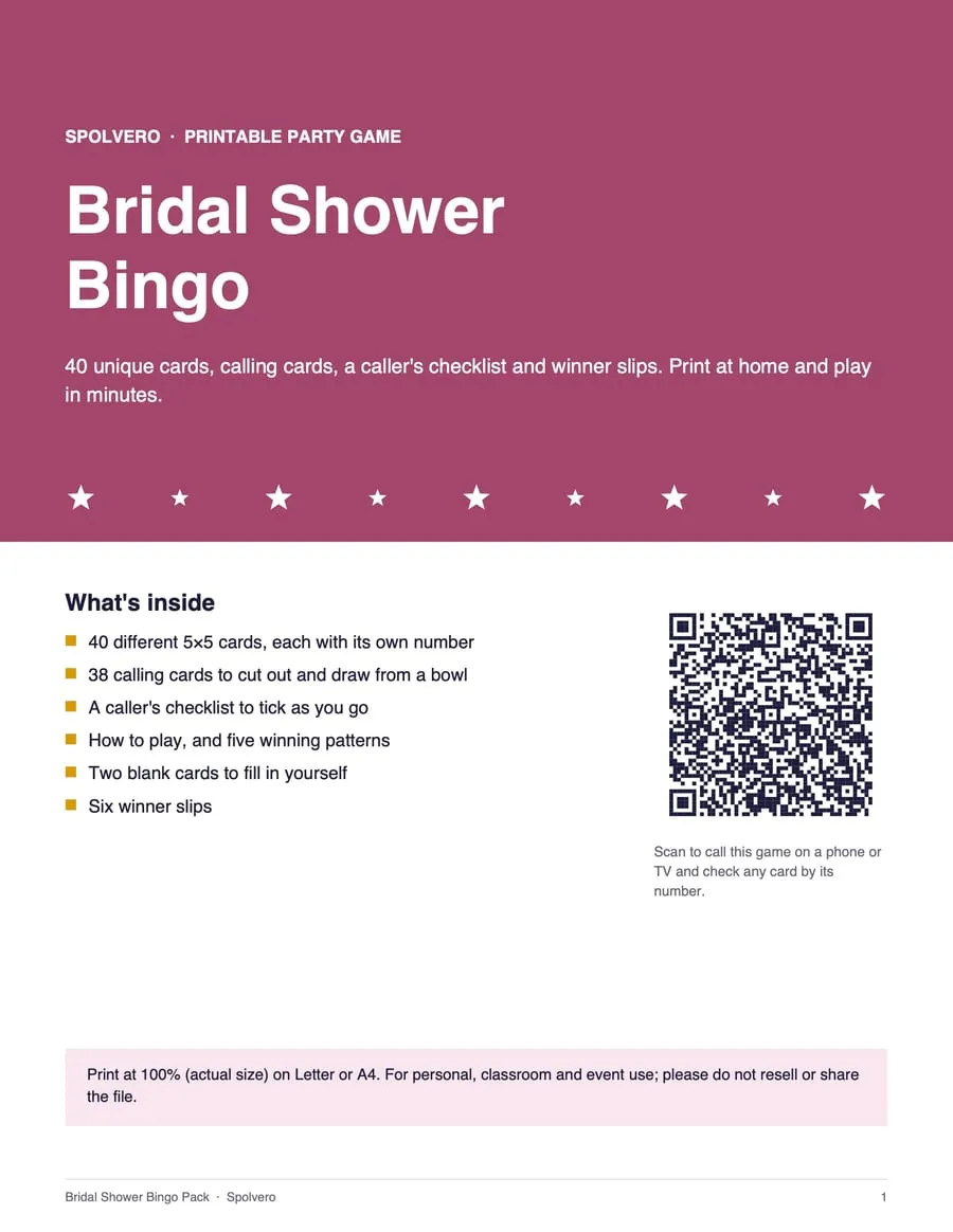 Cover of the Bridal Shower Bingo pack