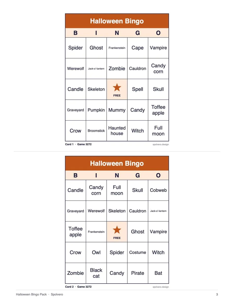 Halloween Bingo, sample page 2