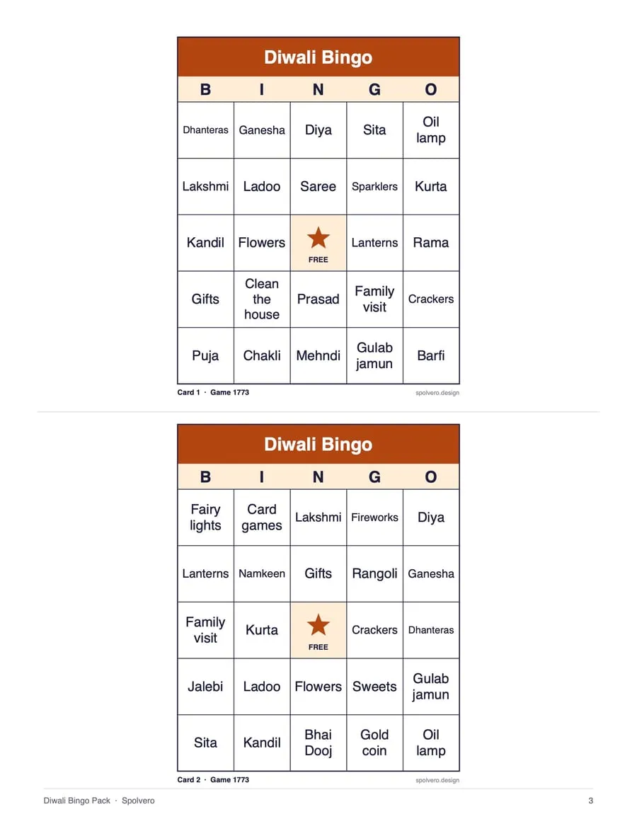 Diwali Bingo, sample page 2