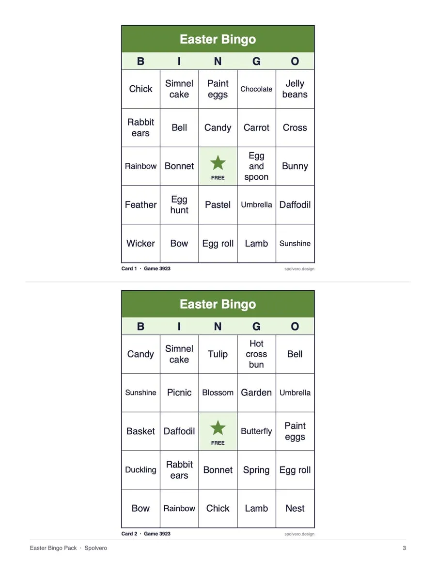 Easter Bingo, sample page 2