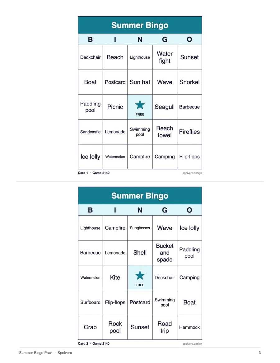 Summer Bingo, sample page 2