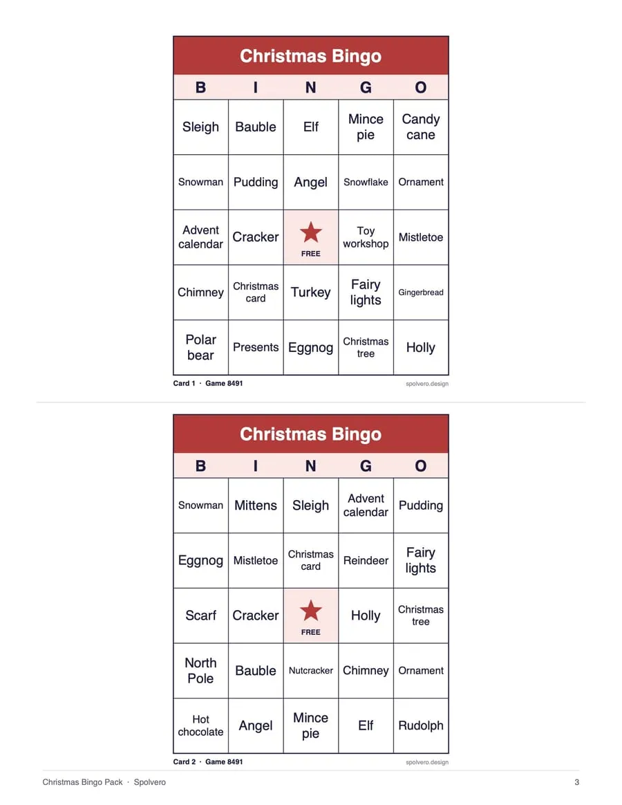 Christmas Bingo, sample page 2
