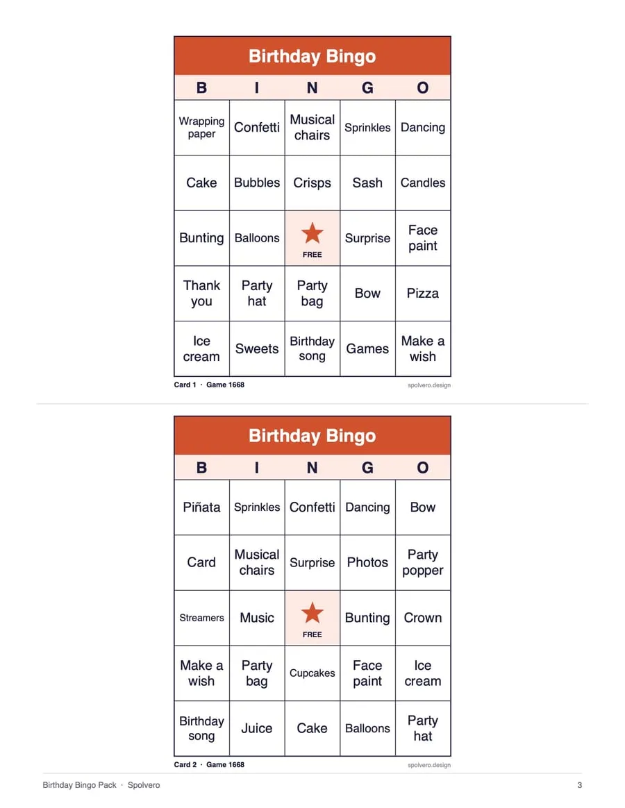 Birthday Bingo, sample page 2