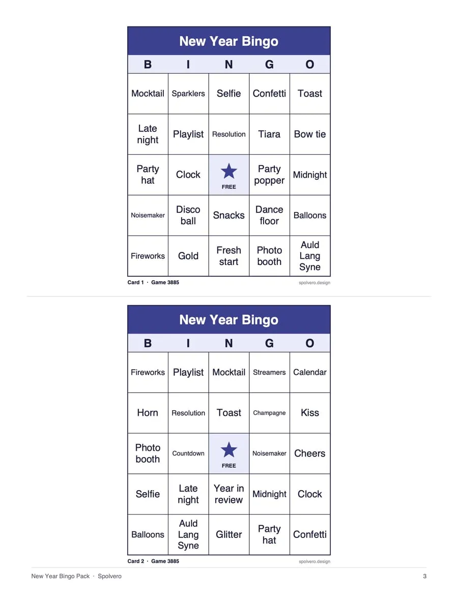 New Year Bingo, sample page 2
