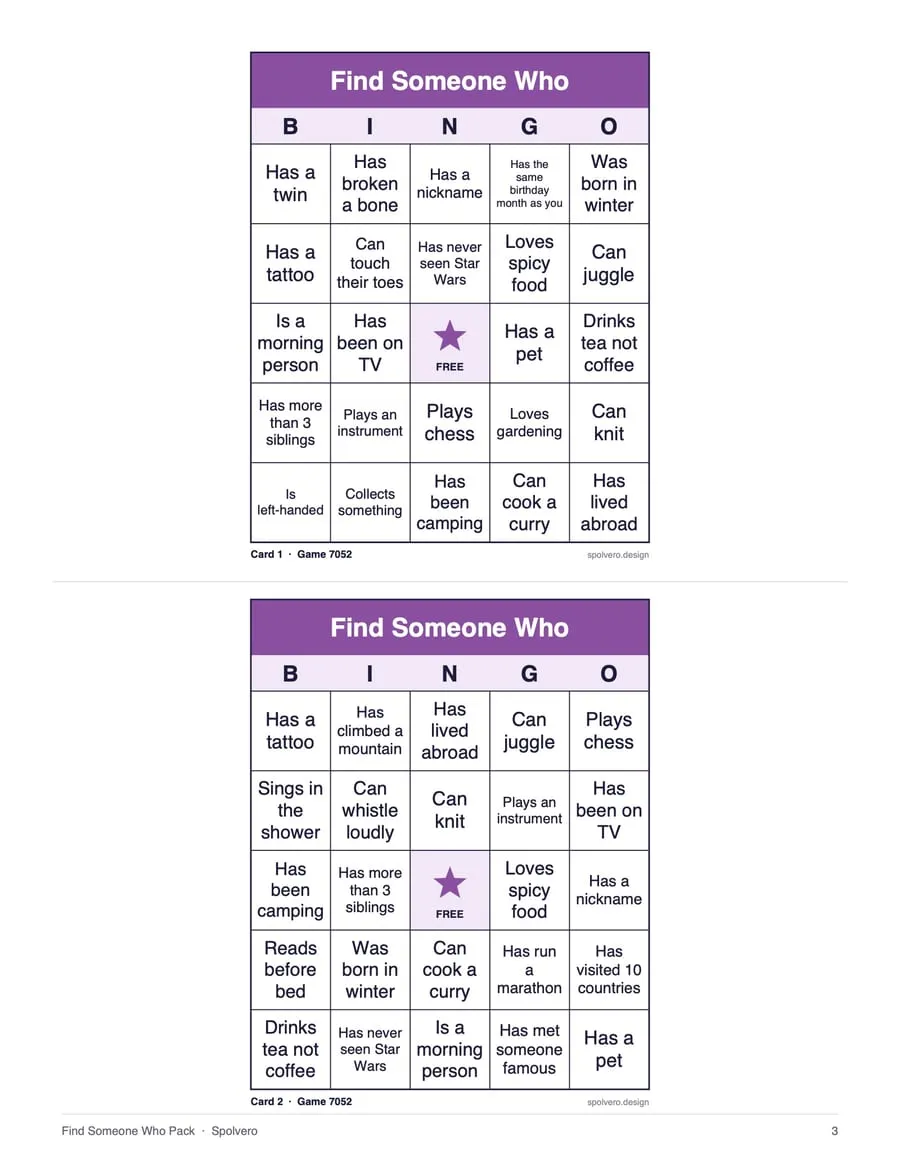 Find Someone Who Bingo, sample page 2