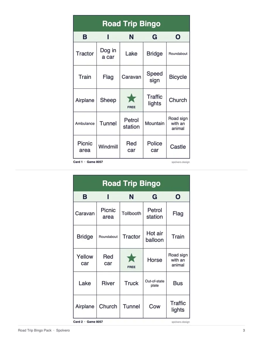 Road Trip Bingo, sample page 2