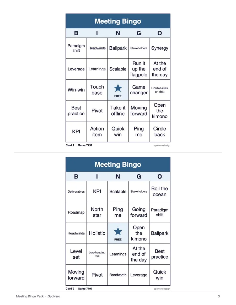 Meeting Bingo, sample page 2