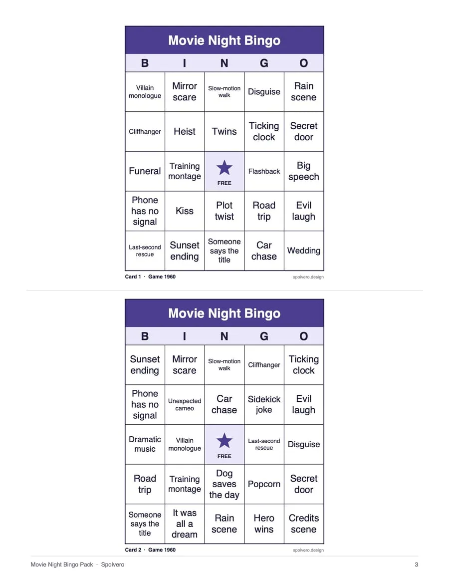 Movie Night Bingo, sample page 2