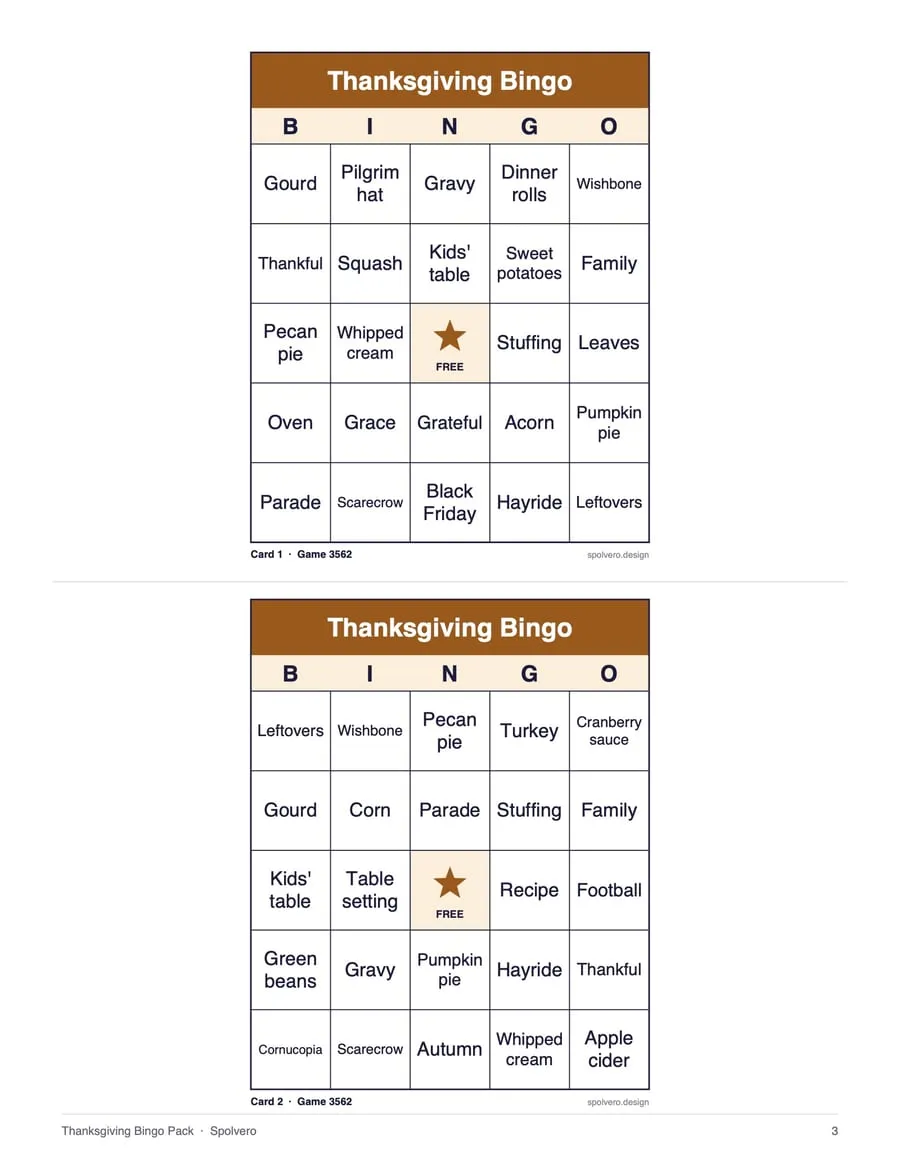 Thanksgiving Bingo, sample page 2