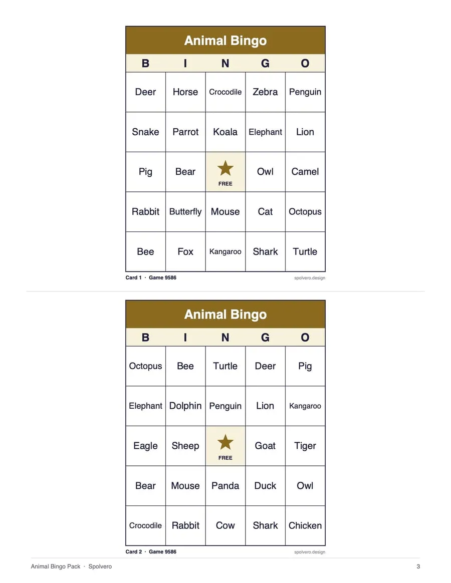 Animal Bingo, sample page 2