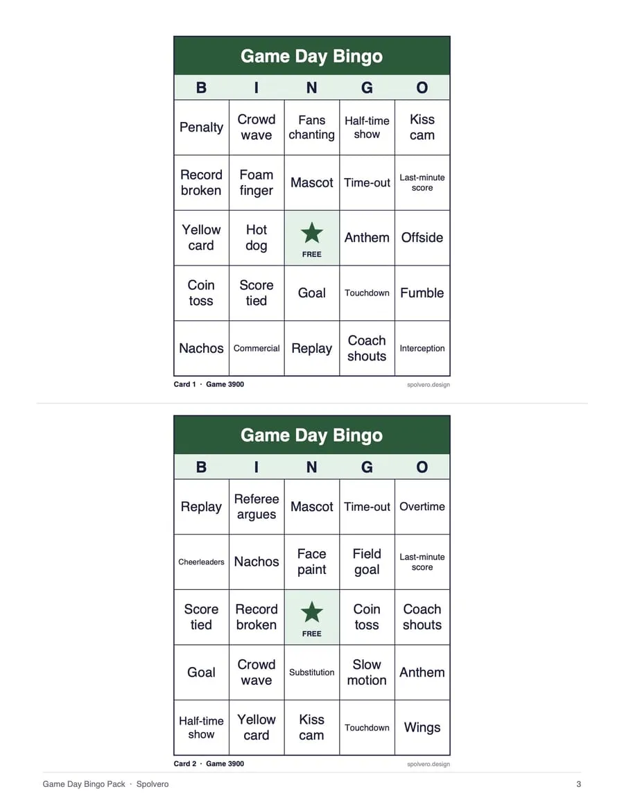 Game Day Bingo, sample page 2