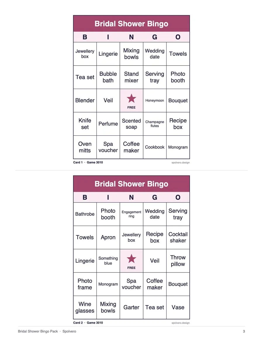 Bridal Shower Bingo, sample page 2