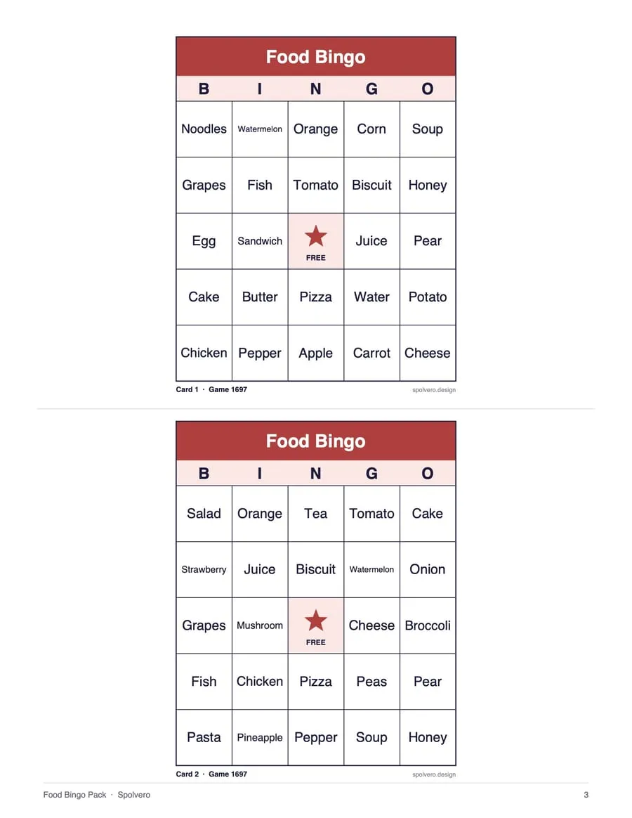 Food Bingo, sample page 2