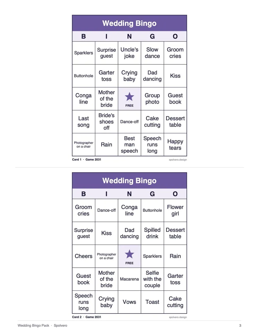 Wedding Bingo, sample page 2