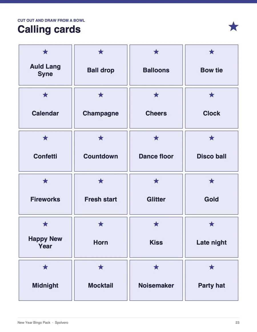 New Year Bingo, sample page 3