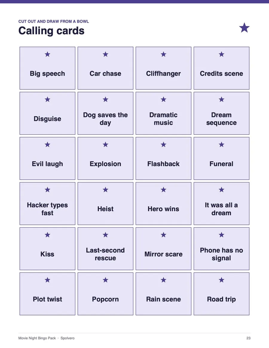 Movie Night Bingo, sample page 3