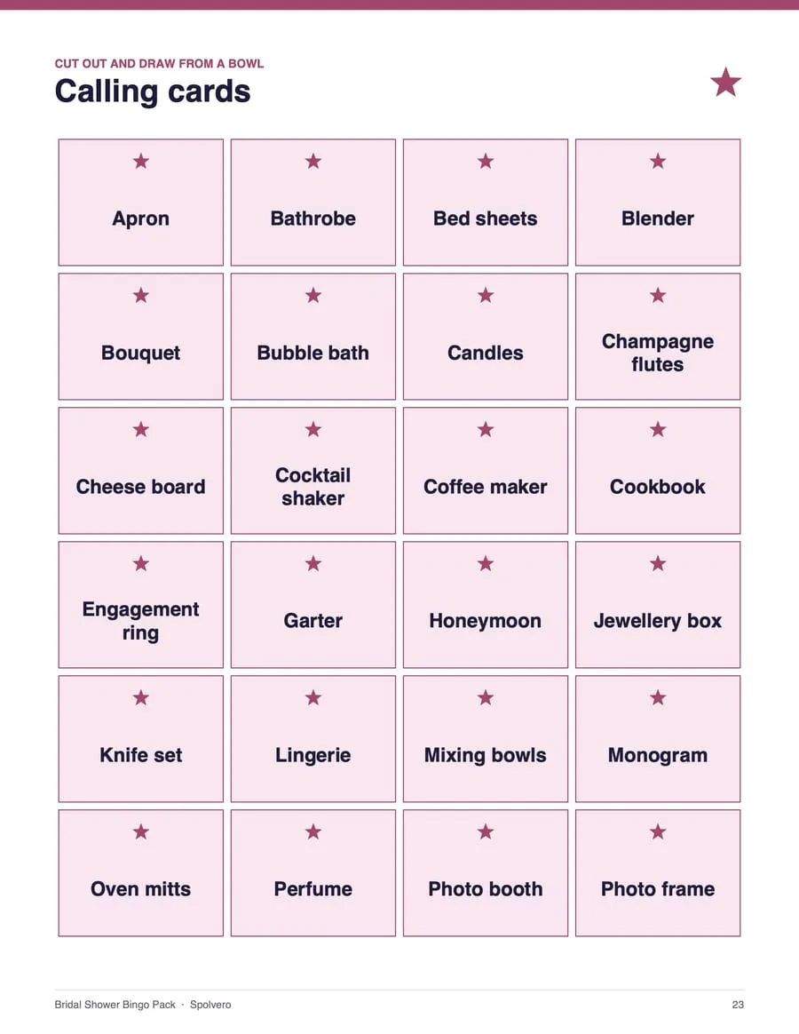 Bridal Shower Bingo, sample page 3