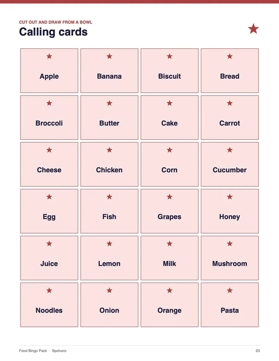 Food Bingo, sample page 3