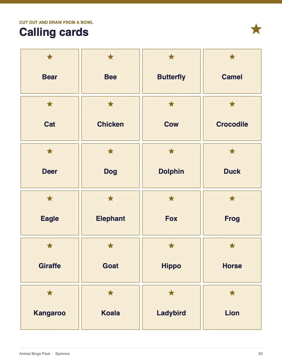 Animal Bingo, sample page 3