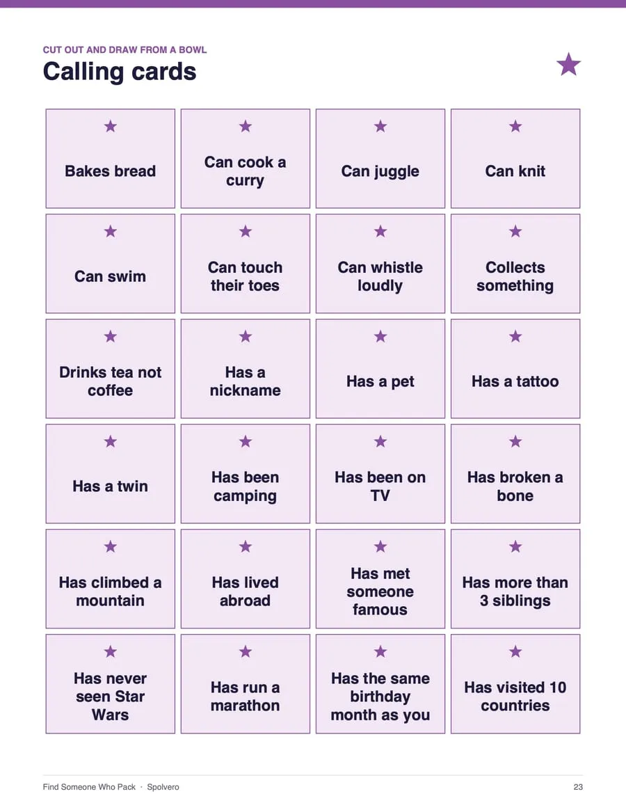 Find Someone Who Bingo, sample page 3