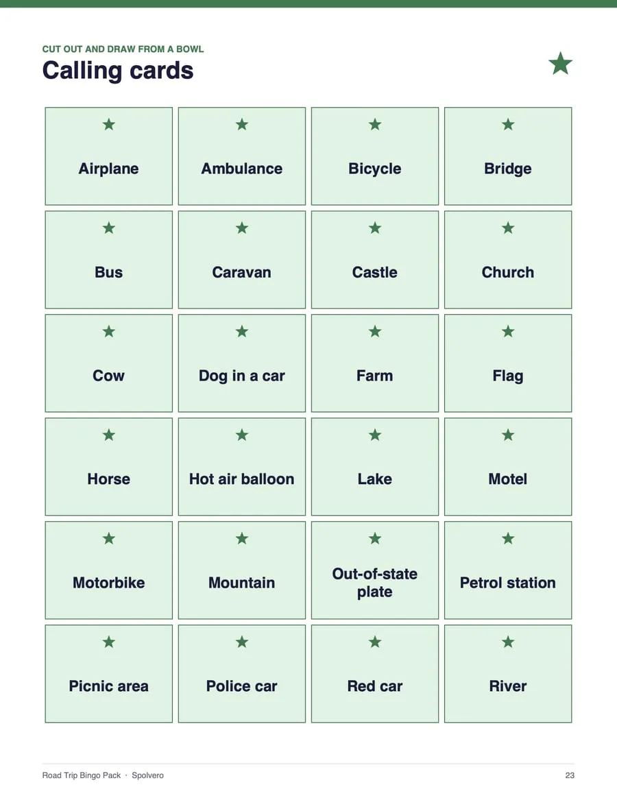 Road Trip Bingo, sample page 3