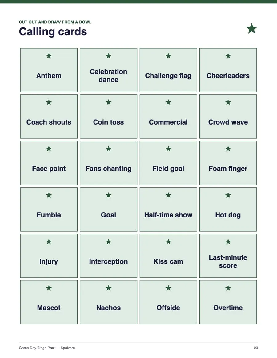 Game Day Bingo, sample page 3