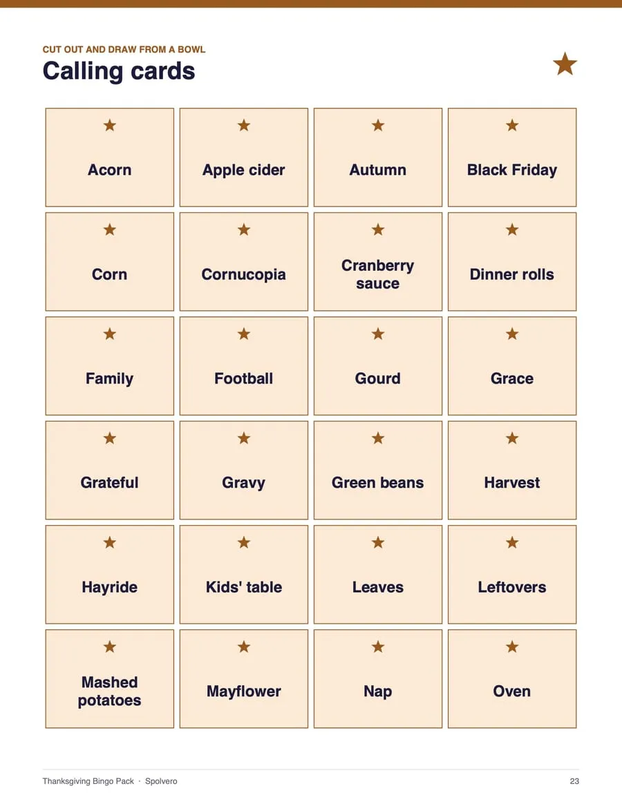 Thanksgiving Bingo, sample page 3