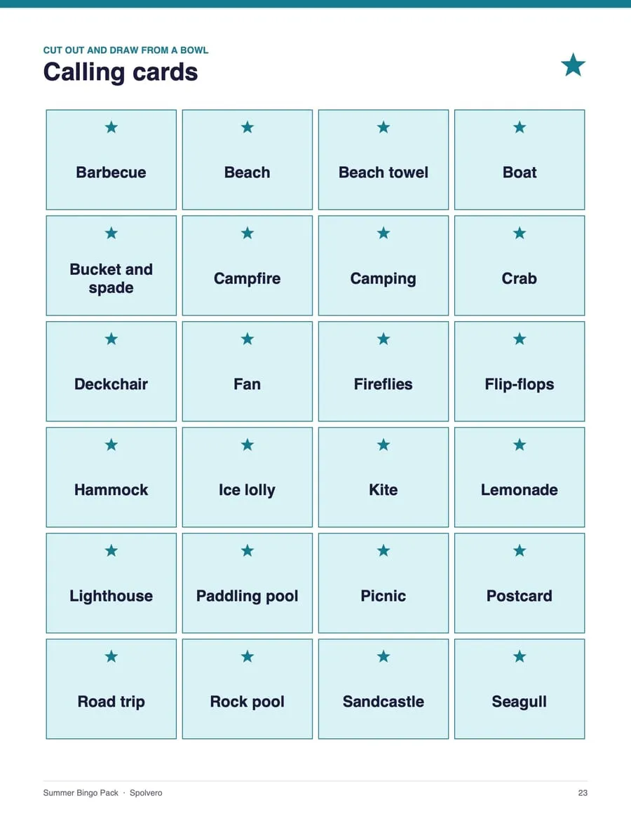 Summer Bingo, sample page 3
