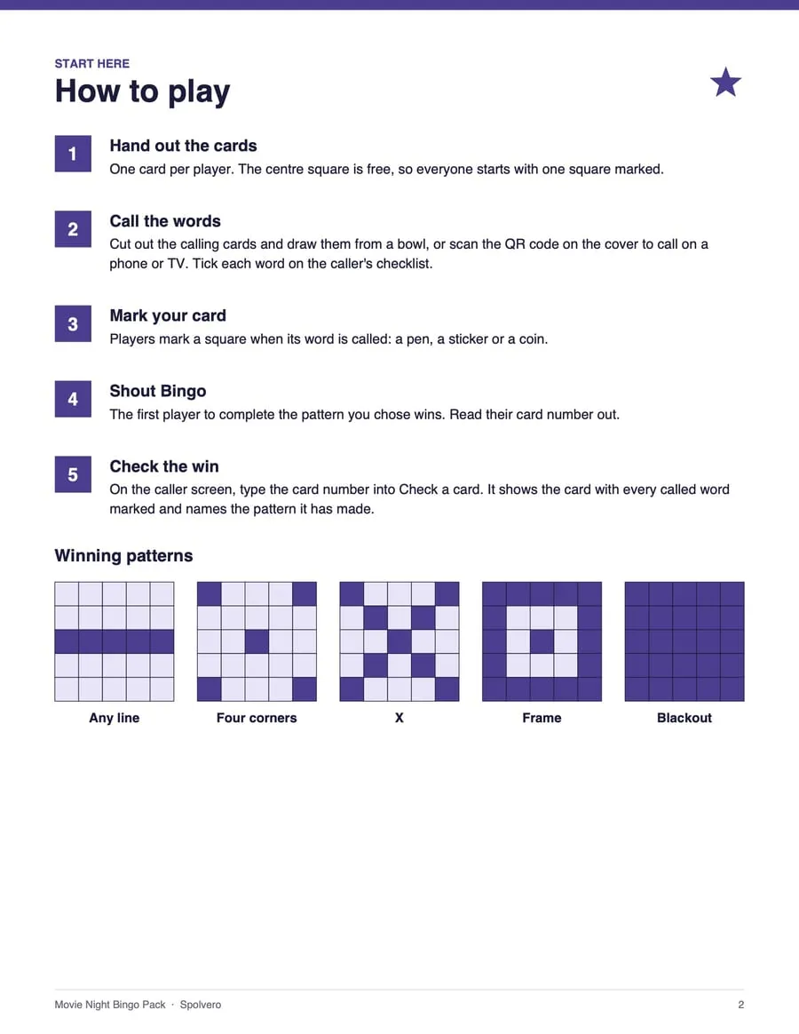 Movie Night Bingo, sample page 4