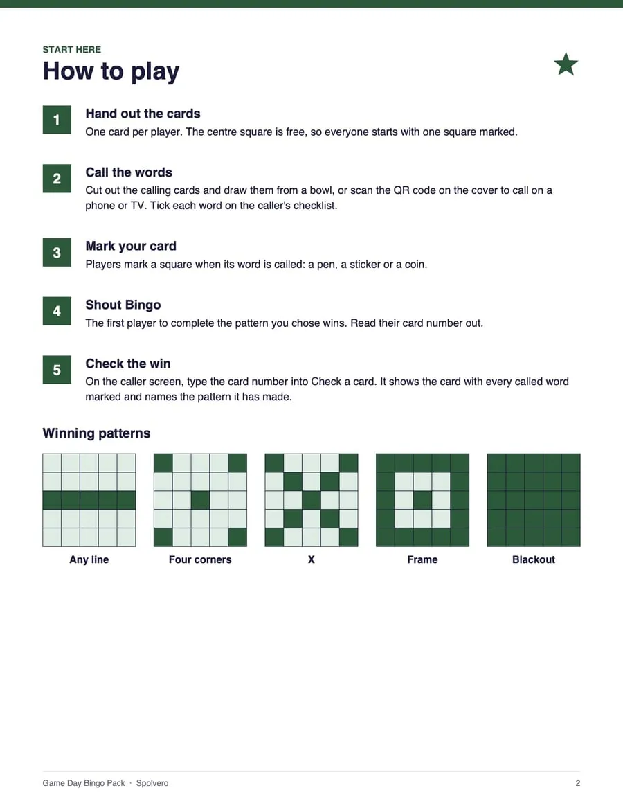 Game Day Bingo, sample page 4