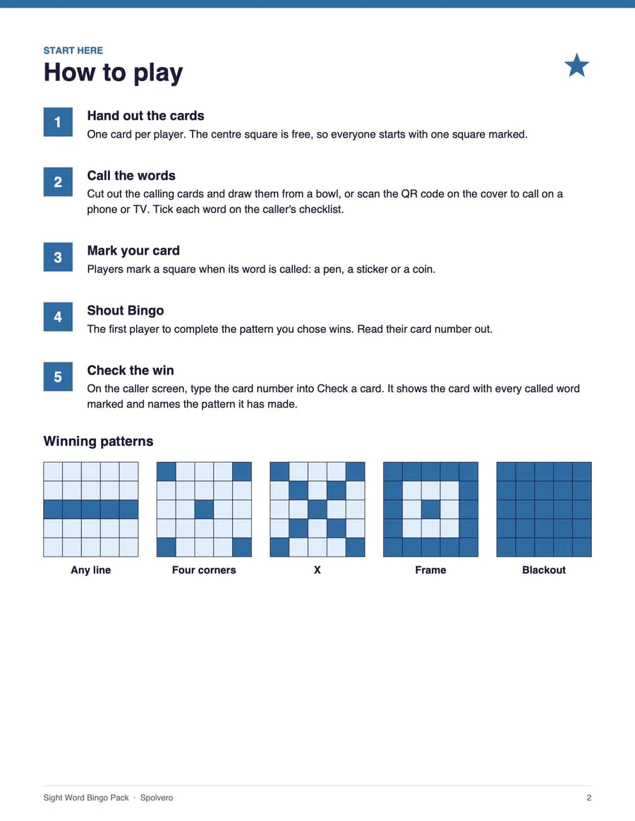 Sight Word Bingo pack, sample page 4