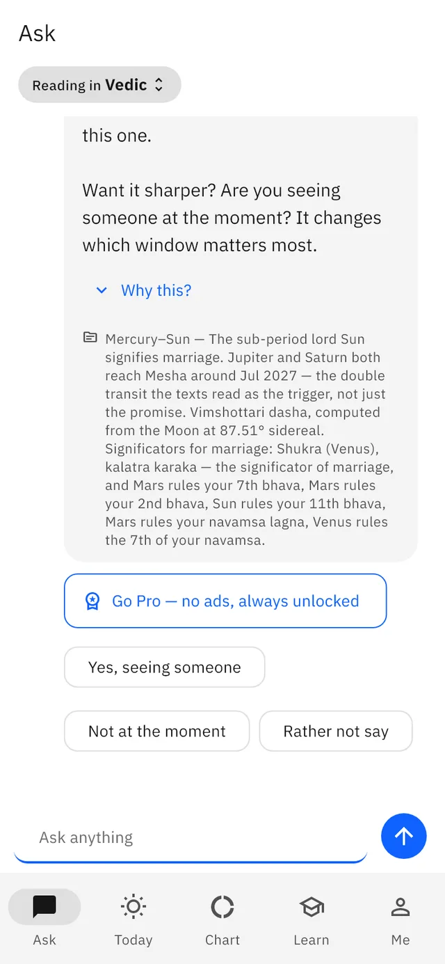 Ask screen answering a question and asking one back