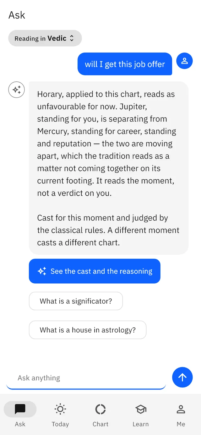 A horary reading with a button to see the reasoning