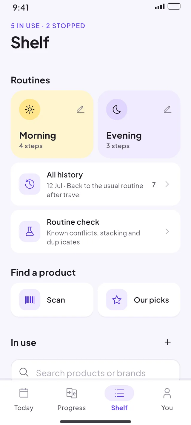 Shelf with morning and evening routines