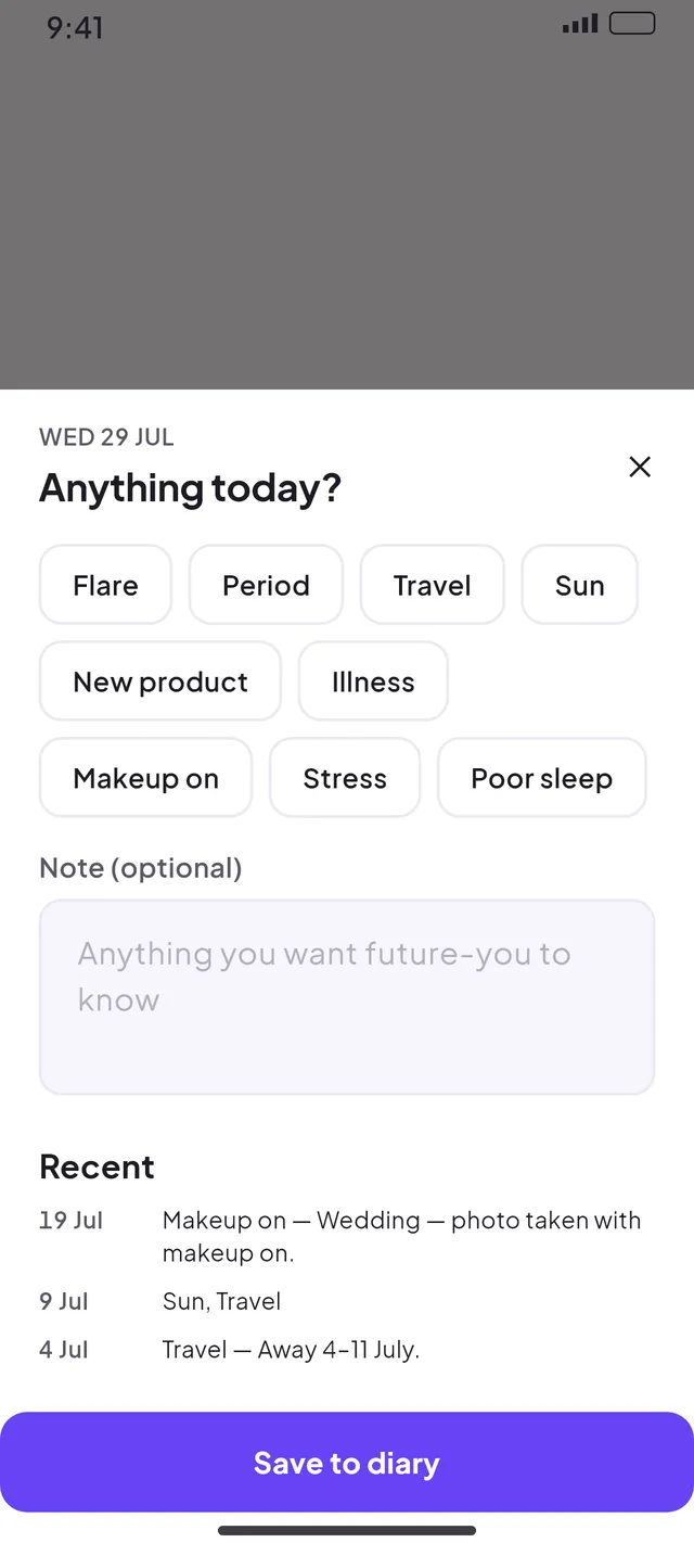 Diary check-in with tags like flare, period, travel and stress