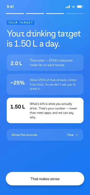 Onboarding: your drinking target is 1.50 L a day