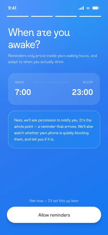 Reminder setup asking for wake and sleep times