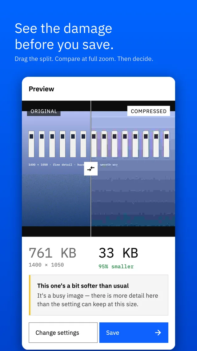 Preview comparing the original 761 KB photo with the 33 KB result using a split slider
