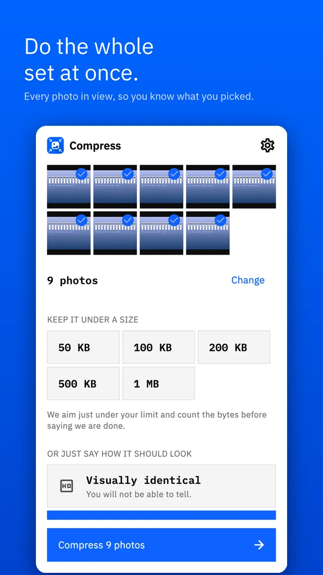 Batch of nine photos ready to compress under one size limit