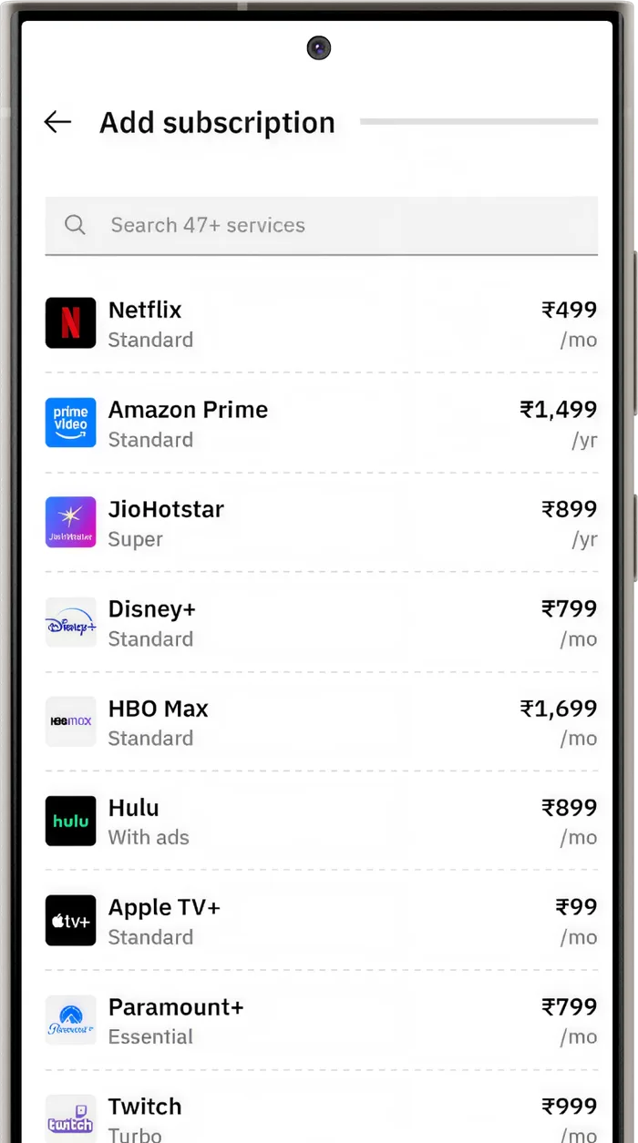 Add subscription screen listing Netflix, Amazon Prime and other services with prices